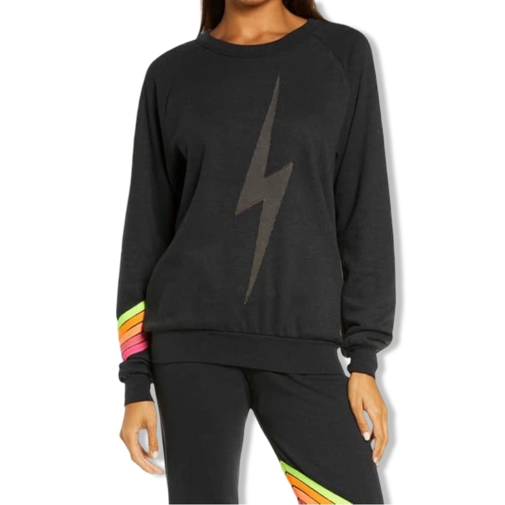 AVIATOR NATION Bolt Chevron Stripe Sweatshirt In Charcoal/neon Size Medium